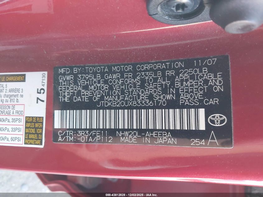 2008 Toyota Prius VIN: JTDKB20UX83336170 Lot: 43812028