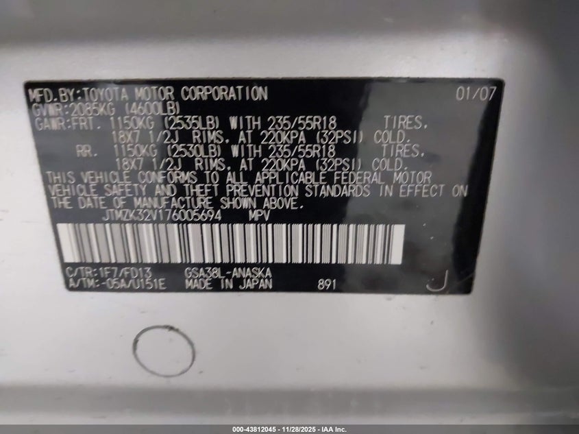 2007 Toyota Rav4 Sport V6 VIN: JTMZK32V176005694 Lot: 43812045