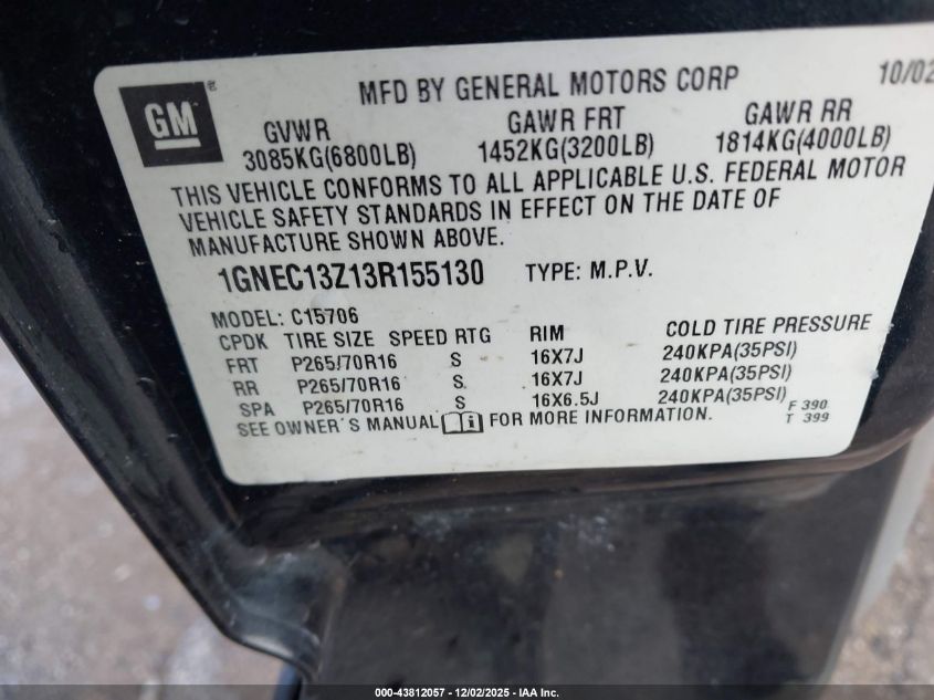 2003 Chevrolet Tahoe Ls VIN: 1GNEC13Z13R155130 Lot: 43812057