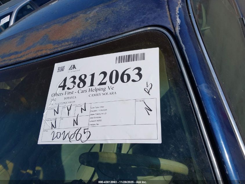 2002 Toyota Camry Solara Se VIN: 2T1CE22P62C008729 Lot: 43812063