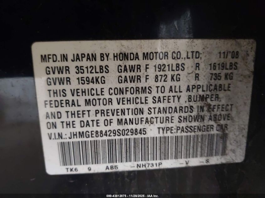2009 Honda Fit Sport VIN: JHMGE88429S029845 Lot: 43812075