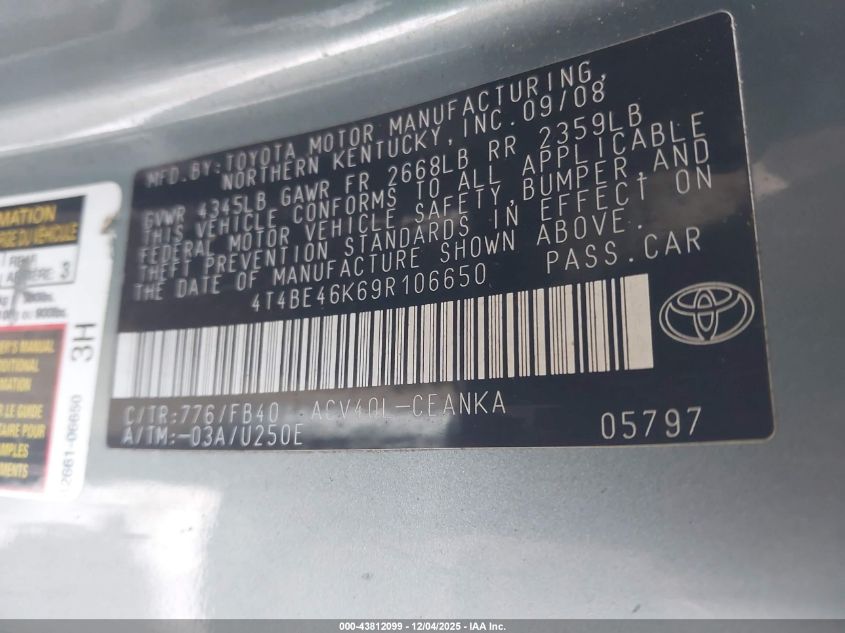 2009 Toyota Camry Le VIN: 4T4BE46K69R106650 Lot: 43812099