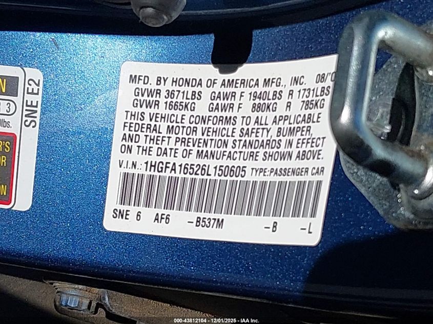 2006 Honda Civic Lx VIN: 1HGFA16526L150605 Lot: 43812104