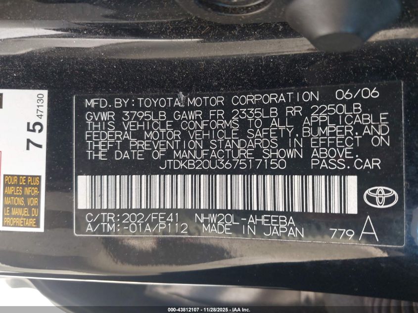 2006 Toyota Prius VIN: JTDKB20U367517150 Lot: 43812107