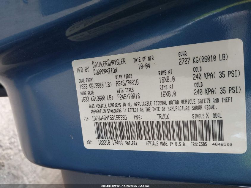 2005 Dodge Dakota Slt VIN: 1D7HW48N15S156395 Lot: 43812112