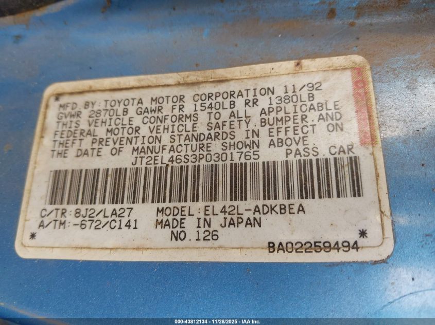 1993 Toyota Tercel Std VIN: JT2EL46S3P0301765 Lot: 43812134