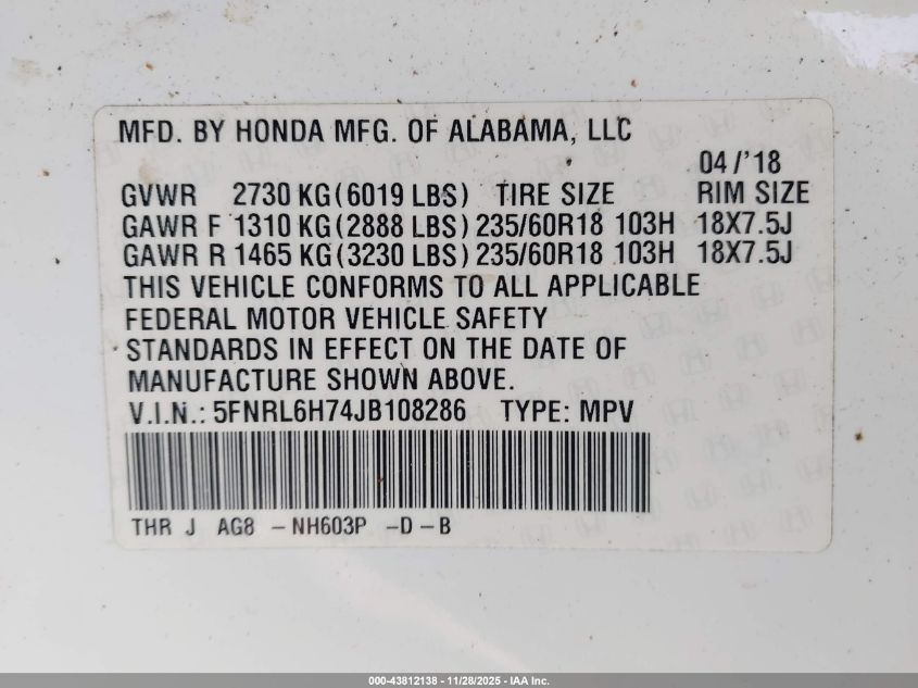 2018 Honda Odyssey Ex-L VIN: 5FNRL6H74JB108286 Lot: 43812138