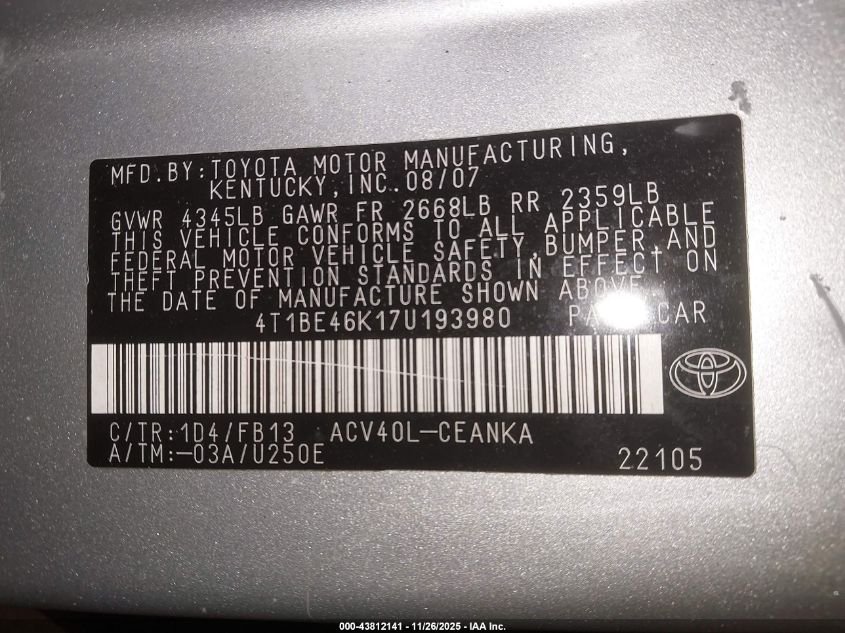 2007 Toyota Camry Le VIN: 4T1BE46K17U193980 Lot: 43812141