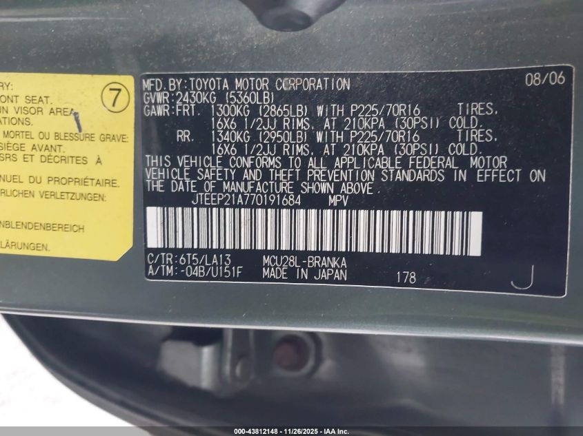 2007 Toyota Highlander V6 VIN: JTEEP21A770191684 Lot: 43812148