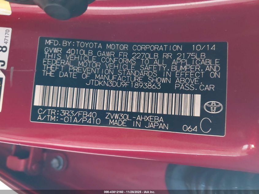 2015 Toyota Prius Two VIN: JTDKN3DU9F1893863 Lot: 43812160