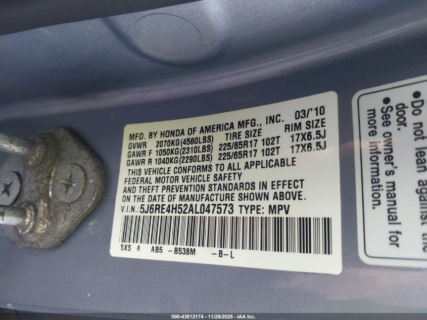 2010 Honda Cr-V Ex VIN: 5J6RE4H52AL047573 Lot: 43812174