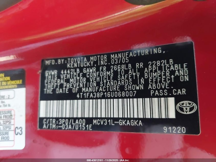 2006 Toyota Camry Solara Sle VIN: 4T1FA38P16U068007 Lot: 43812181