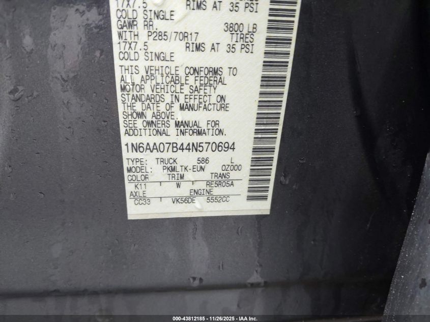 2004 Nissan Titan Se VIN: 1N6AA07B44N570694 Lot: 43812185