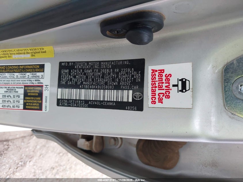 2009 Toyota Camry Le VIN: 4T1BE46K49U358083 Lot: 43812191