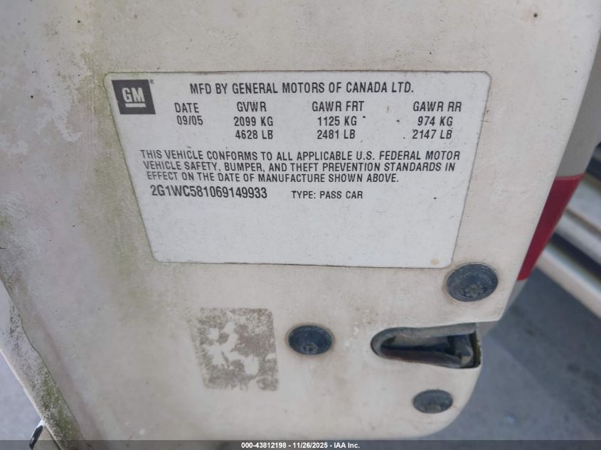 2006 Chevrolet Impala Lt VIN: 2G1WC581069149933 Lot: 43812198