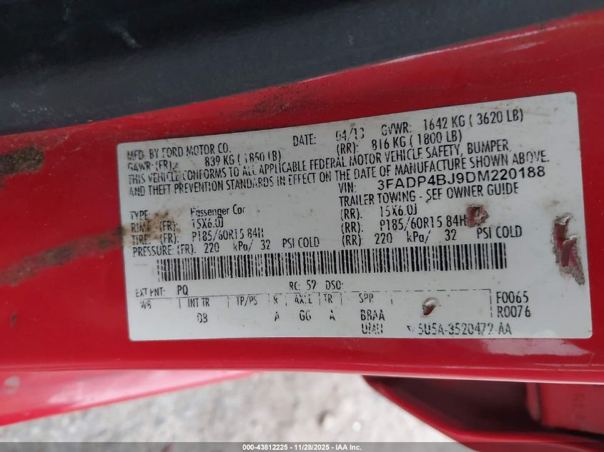 2013 Ford Fiesta Se VIN: 3FADP4BJ9DM220188 Lot: 43812225