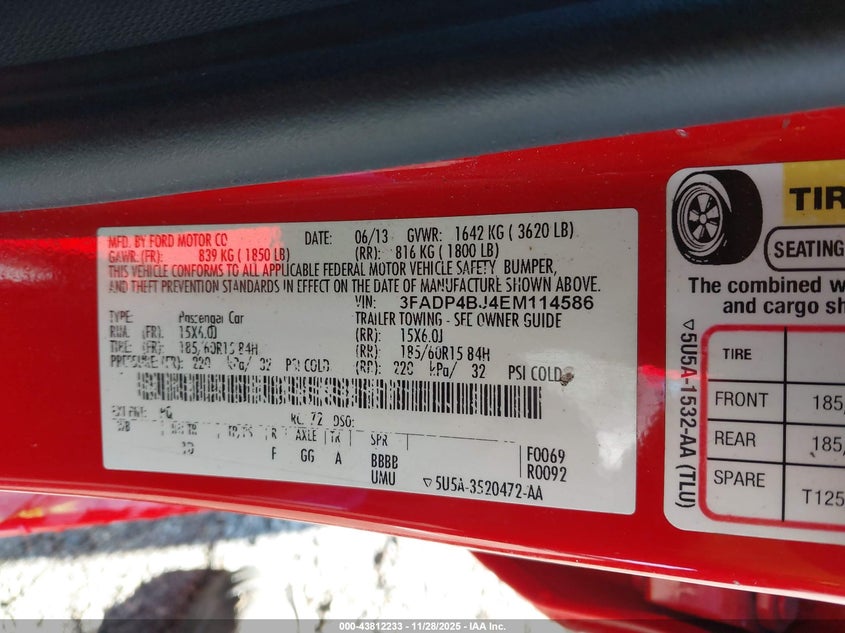 2014 Ford Fiesta Se VIN: 3FADP4BJ4EM114586 Lot: 43812233