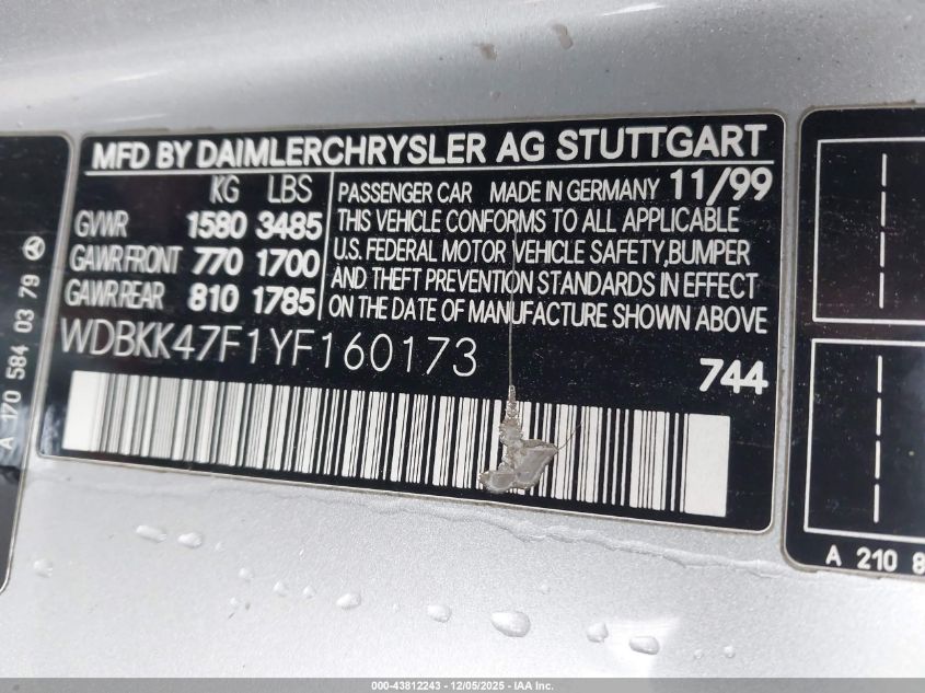 2000 Mercedes-Benz Slk 230 Kompressor VIN: WDBKK47F1YF160173 Lot: 43812243