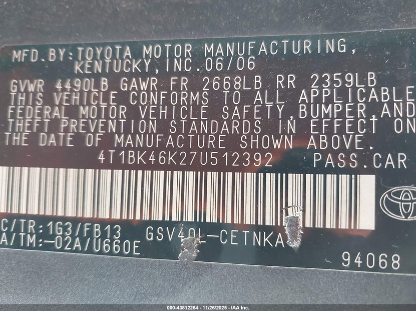 2007 Toyota Camry Le V6 VIN: 4T1BK46K27U512392 Lot: 43812264