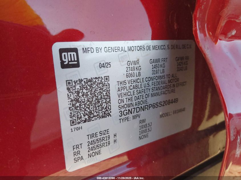 2025 Chevrolet Equinox Ev Lt 2 VIN: 3GN7DNRP6SS208449 Lot: 43812266