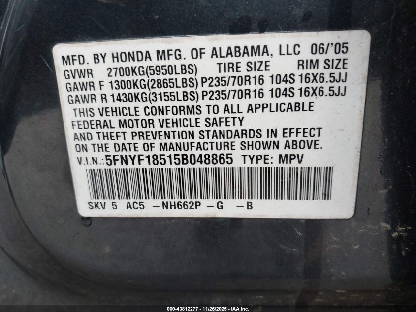 2005 Honda Pilot Ex-L VIN: 5FNYF18515B048865 Lot: 43812277