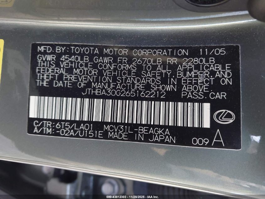 2006 Lexus Es 330 VIN: JTHBA30G265162212 Lot: 43812303