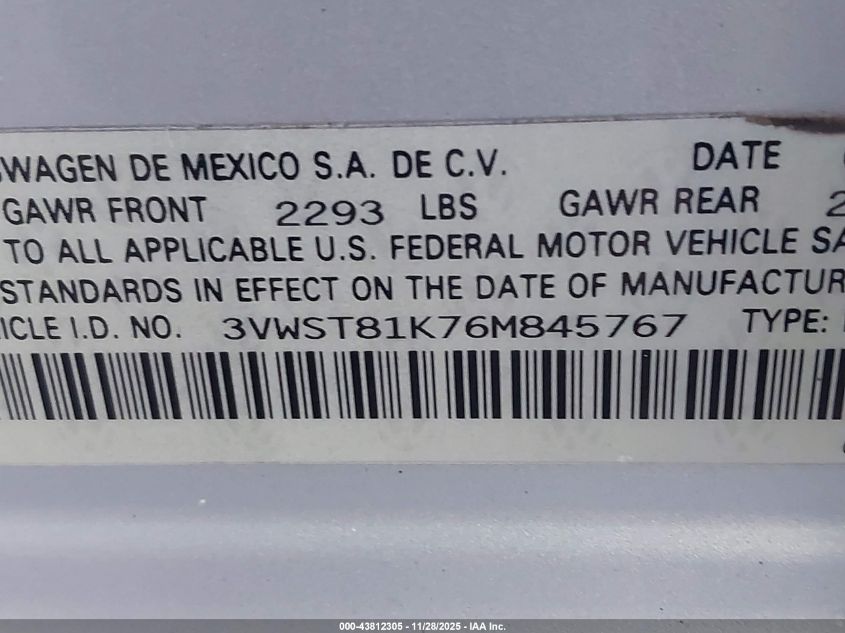 2006 Volkswagen Jetta Tdi VIN: 3VWST81K76M845767 Lot: 43812305