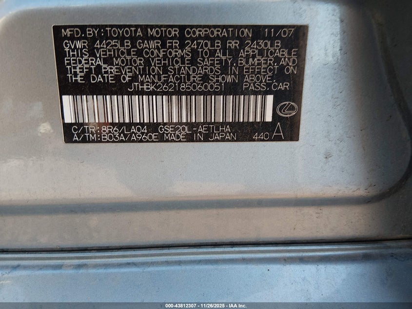 2008 Lexus Is 250 VIN: JTHBK262185060051 Lot: 43812307