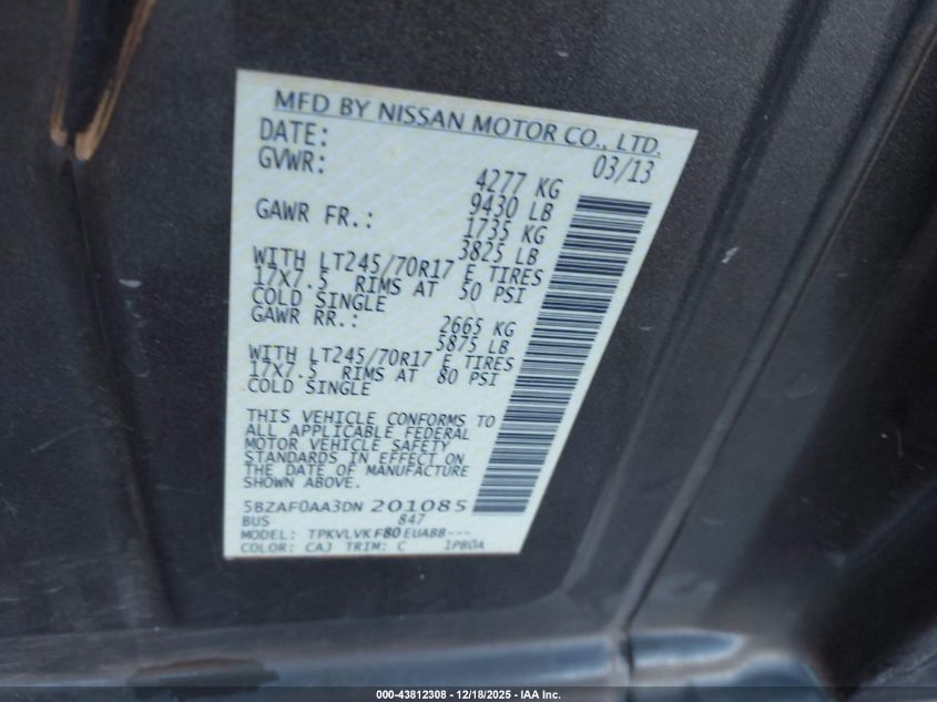 2013 Nissan Nv Passenger Nv3500 Hd Sl V8 VIN: 5BZAF0AA3DN201085 Lot: 43812308