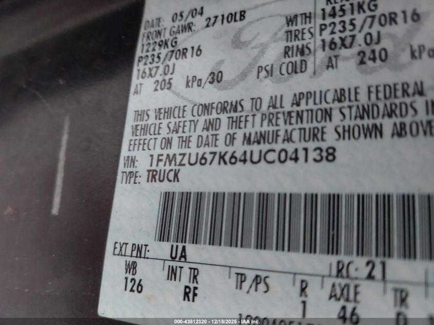 2004 Ford Explorer Sport Trac Adrenalin/Xls/Xlt VIN: 1FMZU67K64UC04138 Lot: 43812320