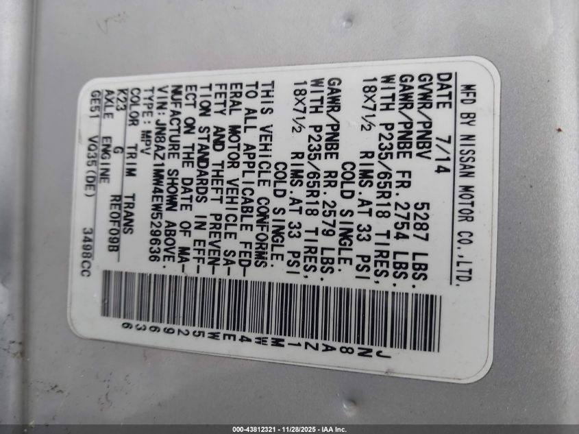 2014 Nissan Murano Sv VIN: JN8AZ1MW4EW529636 Lot: 43812321