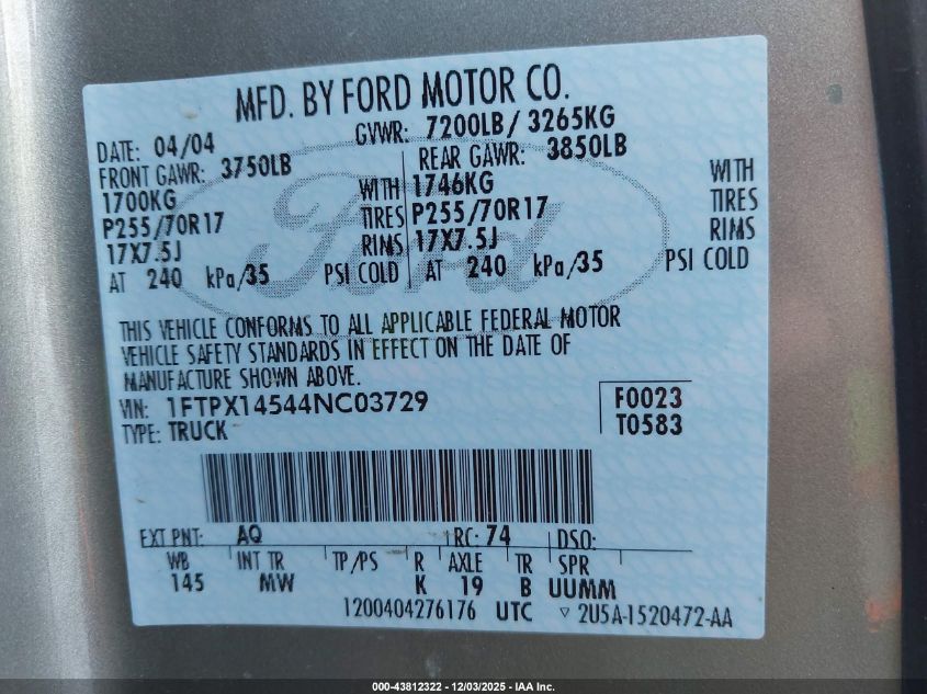 2004 Ford F-150 Fx4/Lariat/Xl/Xlt VIN: 1FTPX14544NC03729 Lot: 43812322
