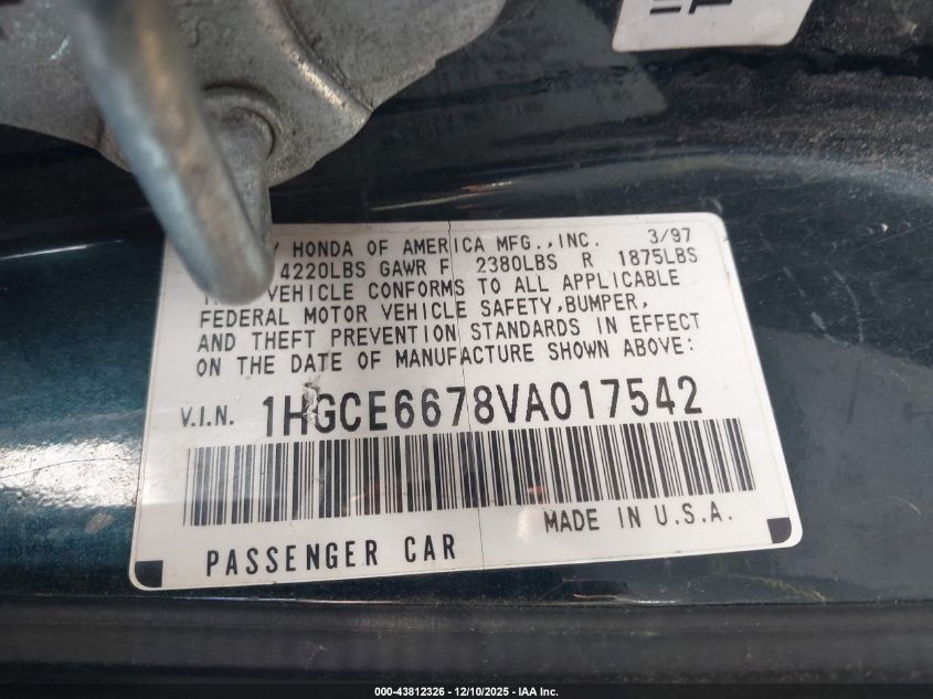 1997 Honda Accord Ex V6 VIN: 1HGCE6678VA017542 Lot: 43812326