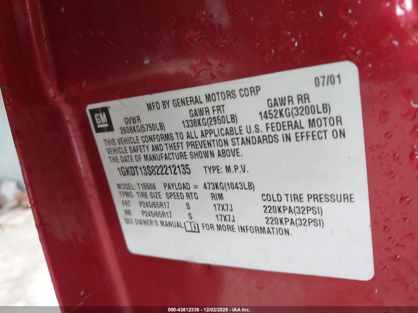 2002 GMC Envoy Slt VIN: 1GKDT13S822212135 Lot: 43812336