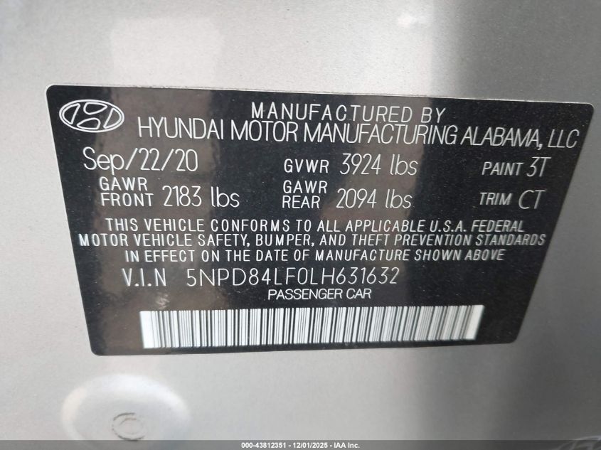 2020 Hyundai Elantra Value Edition VIN: 5NPD84LF0LH631632 Lot: 43812351