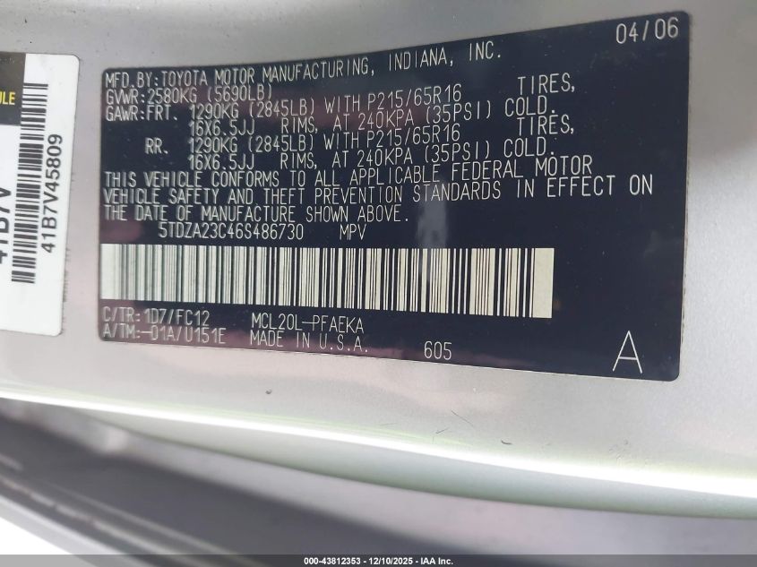 2006 Toyota Sienna Le VIN: 5TDZA23C46S486730 Lot: 43812353