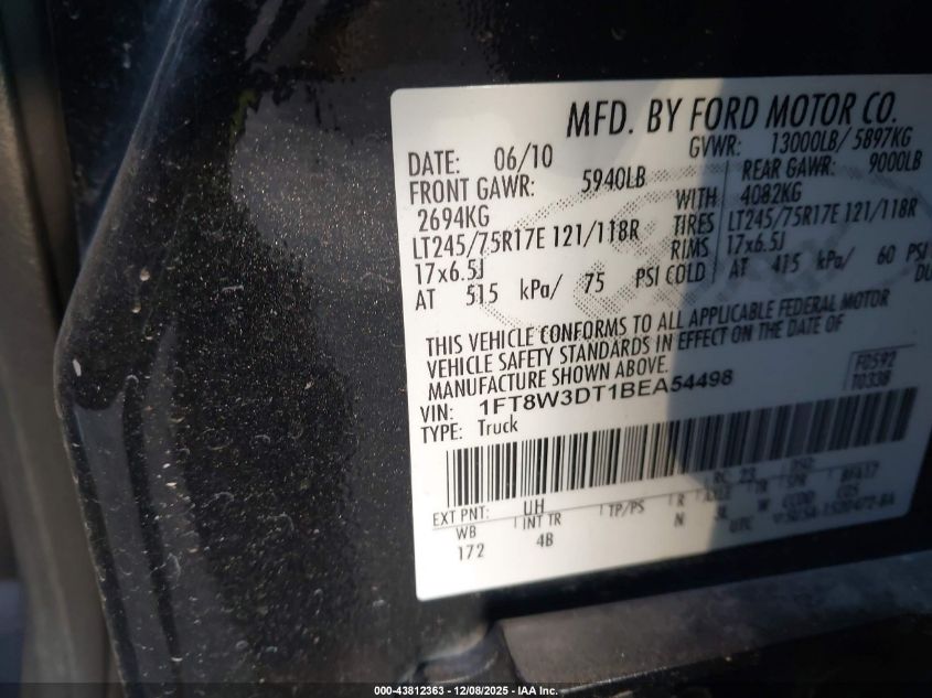 2011 Ford F-350 Lariat VIN: 1FT8W3DT1BEA54498 Lot: 43812363