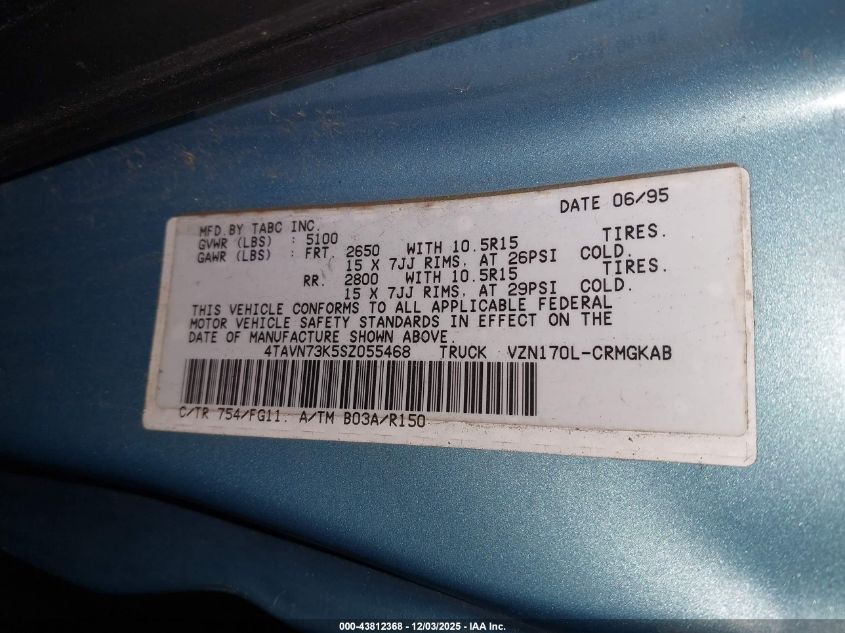 1995 Toyota Tacoma Xtracab Sr5 VIN: 4TAVN73K5SZ055468 Lot: 43812368