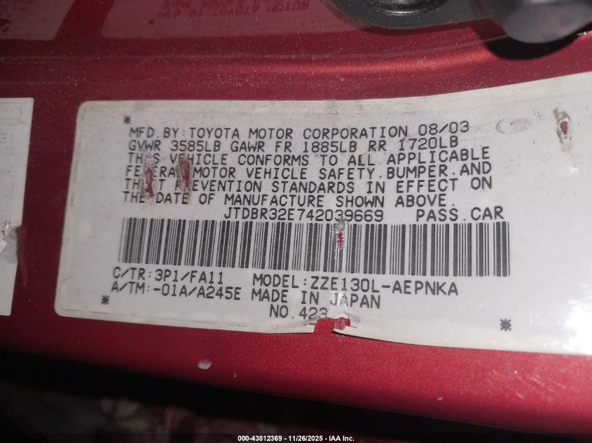 2004 Toyota Corolla Le VIN: JTDBR32E742039669 Lot: 43812369