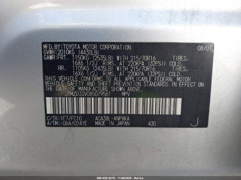 2008 Toyota Rav4 VIN: JTMZD33V085079561 Lot: 43812376