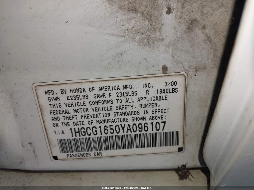 2000 Honda Accord 3.0 Ex VIN: 1HGCG1650YA096107 Lot: 43812379