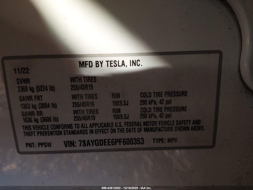 2023 Tesla Model Y Awd/Long Range Dual Motor All-Wheel Drive VIN: 7SAYGDEE6PF600353 Lot: 43812382