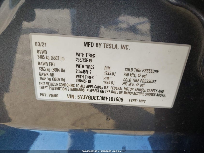 2021 Tesla Model Y Long Range Dual Motor All-Wheel Drive VIN: 5YJYGDEE3MF161606 Lot: 43812385