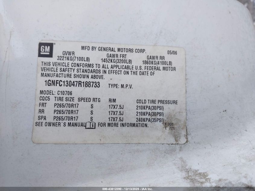 2007 Chevrolet Tahoe Lt VIN: 1GNFC13047R188733 Lot: 43812390