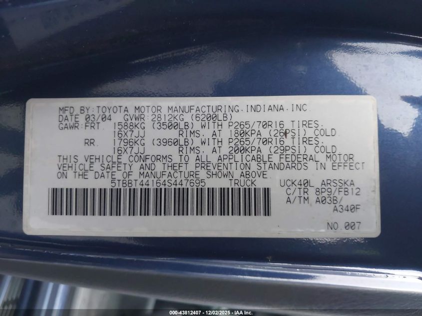 2004 Toyota Tundra Sr5 V8 VIN: 5TBBT44164S447695 Lot: 43812407