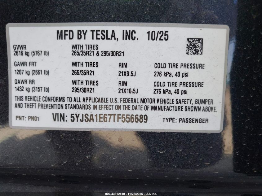 2026 Tesla Model S Plaid VIN: 5YJSA1E67TF556689 Lot: 43812410