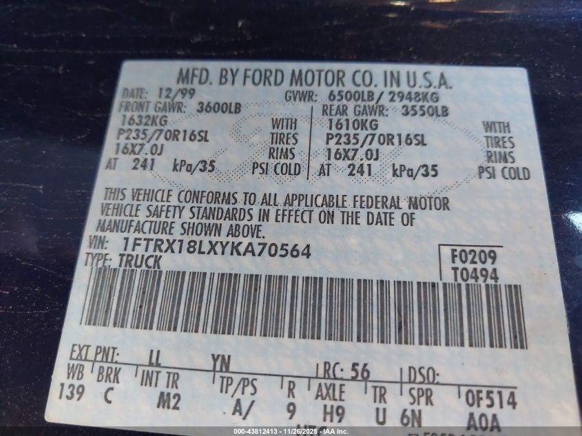 2000 Ford F-150 Lariat/Work Series/Xl/Xlt VIN: 1FTRX18LXYKA70564 Lot: 43812413