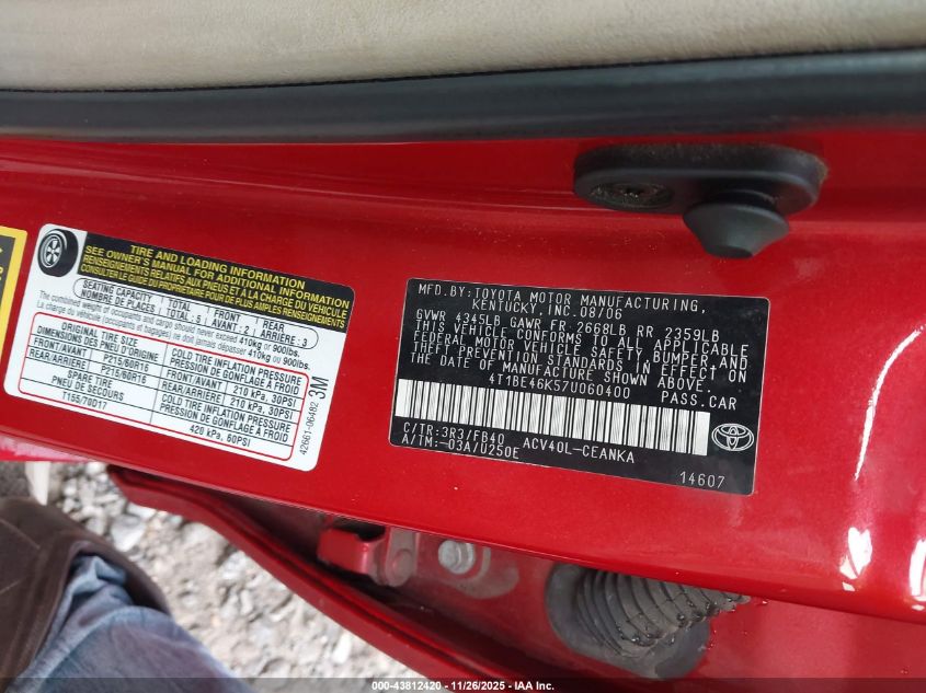 2007 Toyota Camry Le VIN: 4T1BE46K57U060400 Lot: 43812420