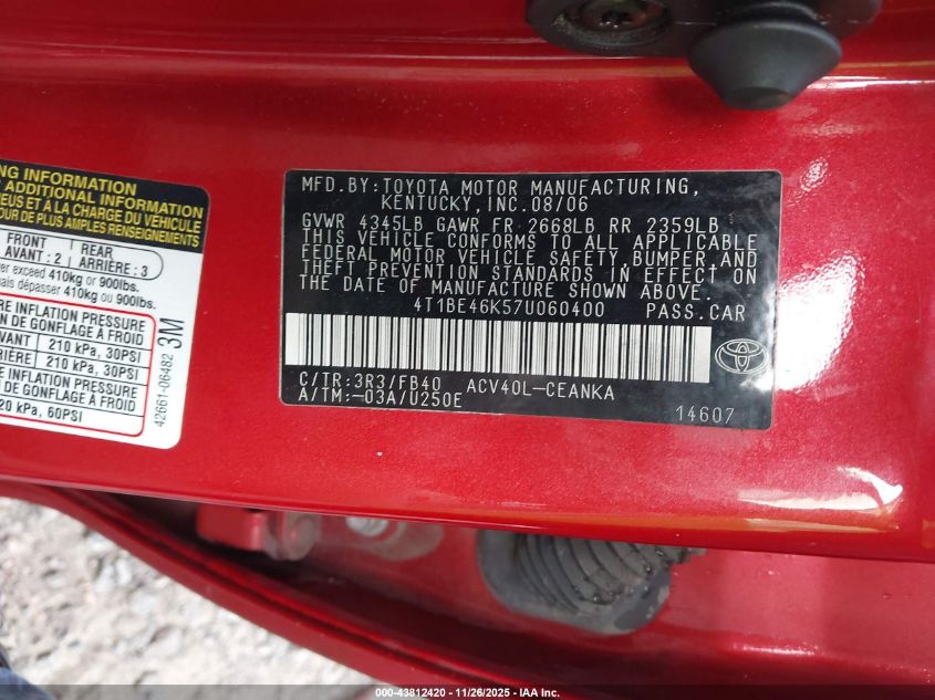 2007 Toyota Camry Le VIN: 4T1BE46K57U060400 Lot: 43812420