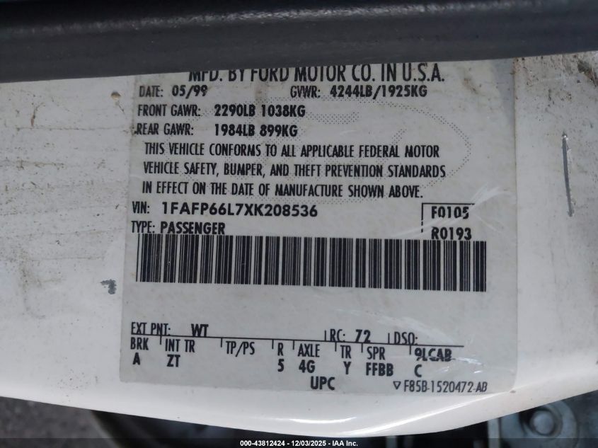 1999 Ford Contour Se VIN: 1FAFP66L7XK208536 Lot: 43812424